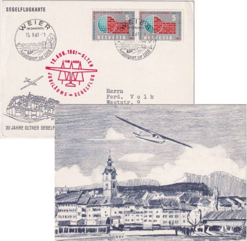 Schweiz - Weier/Olten Jubiläums-Segelflug 1961 Sonderkarte Ableitung Deutschland