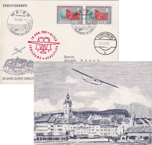 Schweiz - Weier/Olten Jubiläums-Segelflug 1961 Sonderkarte Ableitung Österreich