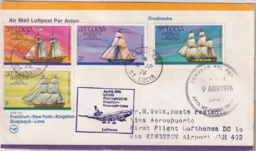 St. Lucia - Segelschiffe 4 Werte Zuleitungspost LH-Erstflug Kingston - Lima 1976