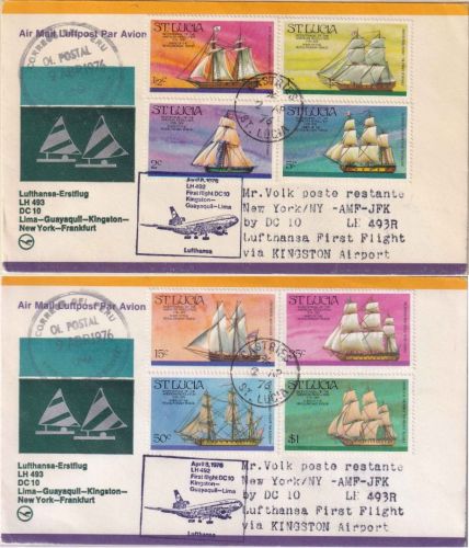 St. Lucia - Segelschiffe Satz 2x Zuleitungspost LH-Erstflug Kingston - NY 1976