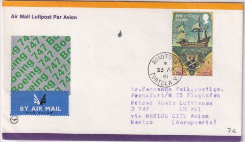 Virgin Islands - 75 C. Weltumsegelung/Sir F. Drake Luftpostbrief Road Town 1981