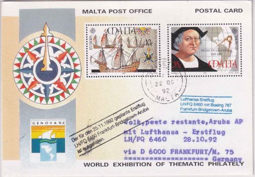 Malta - 10+35 C. Ganzsache Genova'92 Zuleitungspost LH-Erstflug 1992