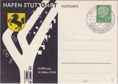 BRD - 10 Pfg. Heuss Privatganzsache Eröffnung Hafen Stuttgart SST 1958