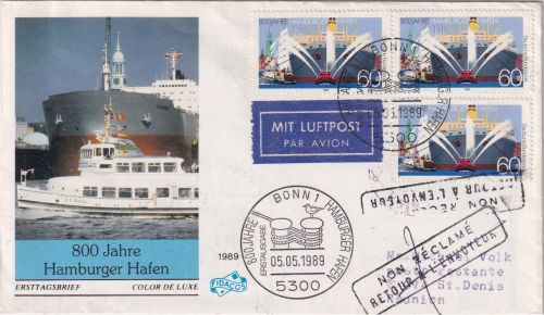 BRD - 3x60 Pfg. 800 J. Hamburger Hafen Schmuck-FDC/Luftpostbrief n. REUNION 1989