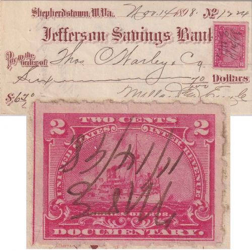 USA - 2 C. Quittungsmarke (Dampfschiff) Orderscheck Shepherdstown 1898