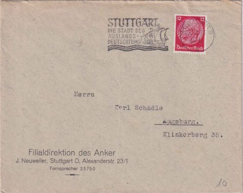 DR - Stuttgart "Die Stadt des Auslands-Deutschtums" (Segelschiff) Brief 1935