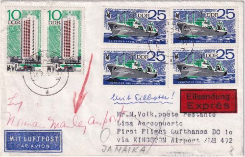 DDR - 4x25 Pfg. Supertrwaler u.a. Lupo-Eilbrief Zuleitungspost LH-Erstflug 1976