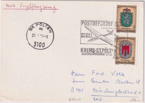 Österreich - Segelflugpost Krems - St. Pölten 1977 Karte n. Mönchengladbach