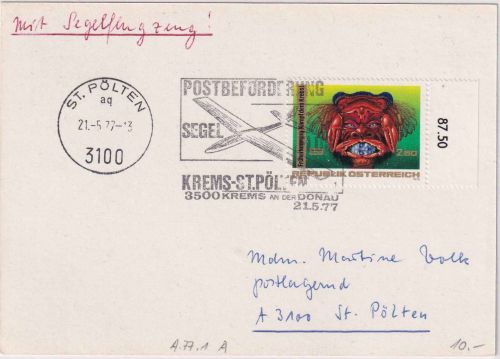 Österreich - Segelflugpost Krems - St. Pölten 1977 Karte n. Mönchengladbach