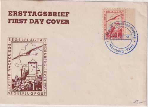 BRD - Nürnberg Fürth 1. Nachkriegssegelflug Schmuckkuvert m. Vignette 1951