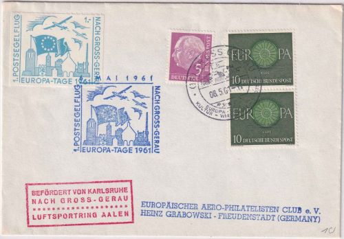 BRD - Europa-Tage 1961 1. Post-Segelflug Karlsruhe Gross-Gerau Brief m. Vignette