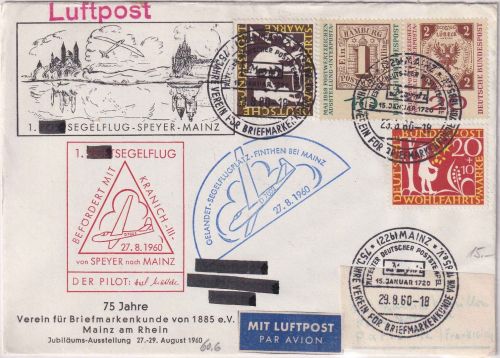BRD - 1. Segelflug Speyer - Mainz Schmuckkuvert + SST Mainz 1960