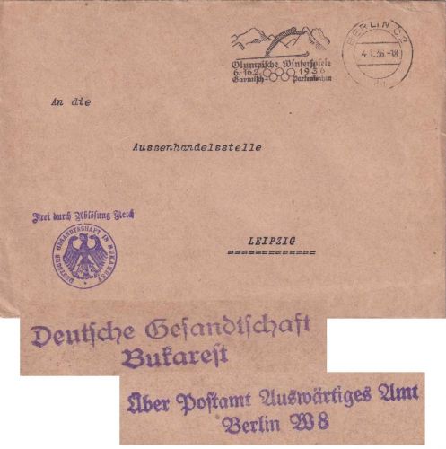 DR - Berlin 1936 "Olympische Winterspiele GAP" Konsulatspost (!) v. Bukarest