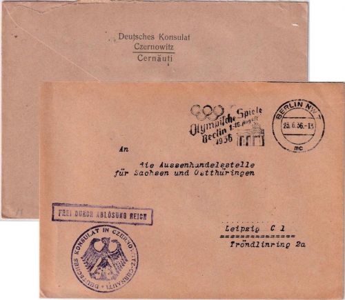 DR - Berlin 1936 "Olympische Spiele Berlin" Konsulatspost (!) v. Czernowitz
