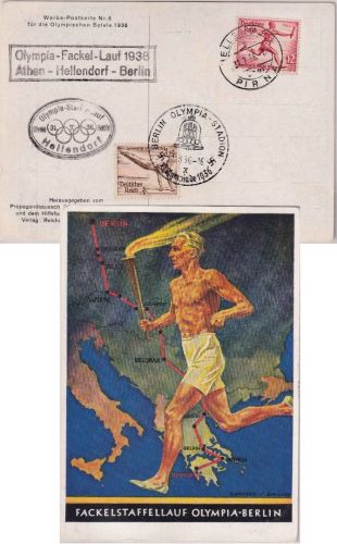 DR - Olympiade Berlin 1936 farb. Sonderkarte Fackelstaffellauf + SST/Cachets
