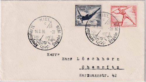 DR - 4+8 Pfg. Olympia 1936 SST Kiel Segeln Brief n. Cjhemnitz