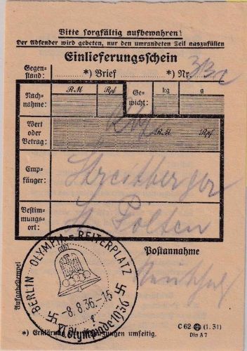 DR - Berlin Olympia Reiterplatz SST 8.8.36 Einlieferungsschein f. R-Brief