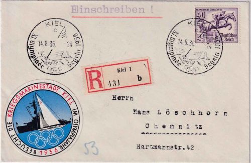 DR - 40 Pfg. Springreiter u.a. Einschreibebrief SST Kiel Olympia Segeln 1936