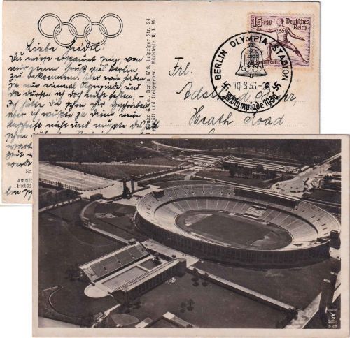 DR - 15 Pfg. Fechter Karte n. ENGLAND SST Berlin Olympia-Stadion 1936