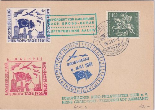 BRD - Europa-Tage 1961 1. Post-Segelflug Karlsruhe Gross-Gerau Brief m. Vignette