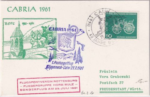 BRD - 1. Post-Segelflug Klippeneck Calw CABRIA 1961 Sonderkarte/SST Calw