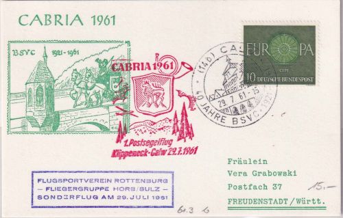 BRD - 1. Post-Segelflug Klippeneck Calw CABRIA 1961 Sonderkarte/SST Calw