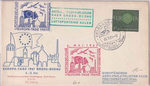 BRD - Europa-Tage 1961 1. Post-Segelflug Karlsruhe Gross-Gerau Schmuckkuvert