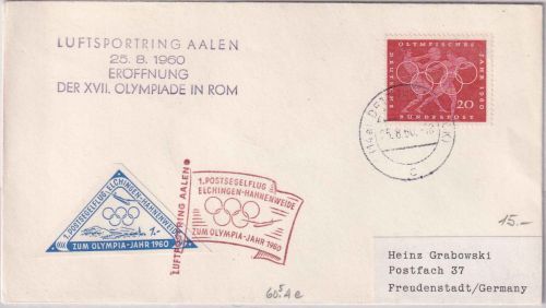 BRD - Elchingen Hahnenweide 1. Postsegelflug Schmuckumschlag Olympia-Jahr 1960