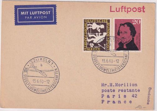 BRD - Köln 1960 VIII. Segelflug-Weltmeisterschaft SST Lupo-Karte n. FRANKREICH