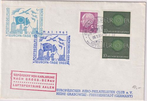 BRD - Europa-Tage 1961 1. Post-Segelflug Karlsruhe Gross-Gerau Brief m. Vignette