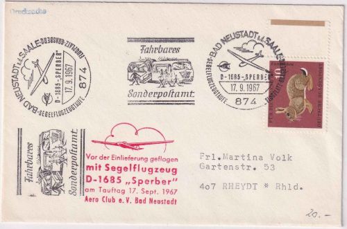 BRD - Bad Neustadt a/S. 1967 SST/Fahrbares Postamt Segelflugpost n. Rheydt