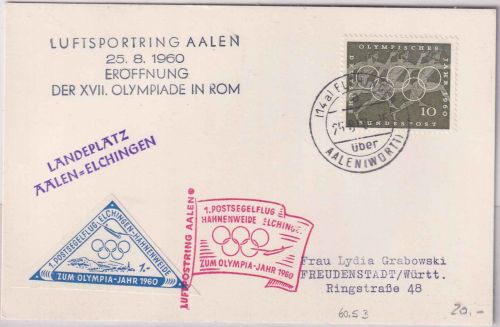 BRD - Hahnenweide Elchingen 1. Postsegelflug Karte m. Vignette Olympia-Jahr 1960