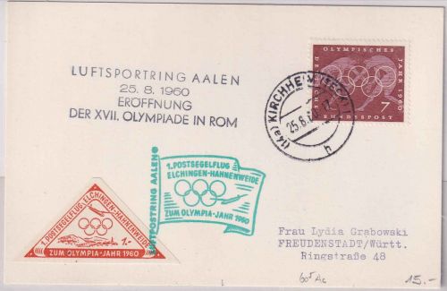 BRD - Elchingen Hahnenweide 1. Postsegelflug Karte m. Vignette Olympia-Jahr 1960