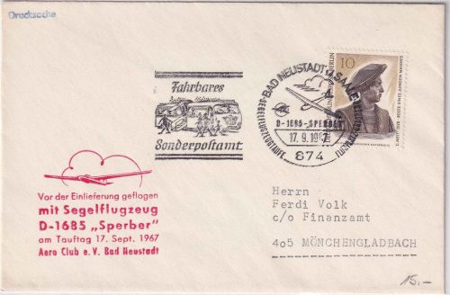 BRD - Bad Neustadt a/S. 1967 SST/Fahrbares Postamt Segelflugpost n. M. Gladbach