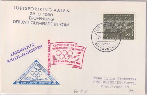 BRD - Hahnenweide Elchingen 1. Postsegelflug Karte m. Vignette Olympia-Jahr 1960