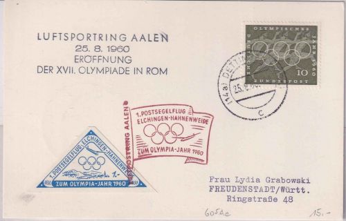 BRD - Elchingen Hahnenweide 1. Postsegelflug Karte m. Vignette Olympia-Jahr 1960