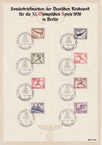 DR - Olympiade Berlin 1936 Satz/Sonderblatt m. 8 versch. Sonderstempeln 1.8.36