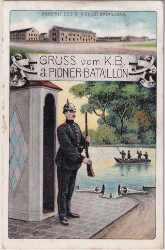 Bayern - München KD 3. Pionier-Btl. Soldat + Kasernenansicht gelaufen ca. 1911