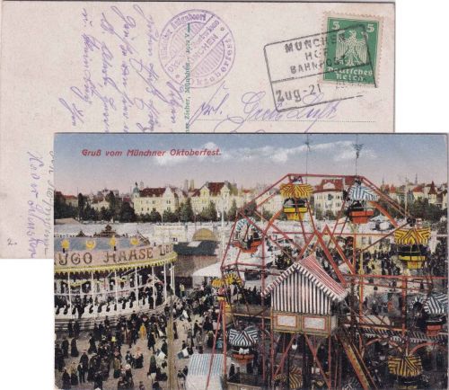 Bayern - München Oktoberfest Fahrgeschäfte fabr. AK gelaufen 1925