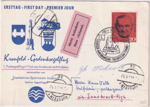 BRD - Kronfeld-Gedenksegelflug Schmuckkarte Zuleitungspost SST Wiesbaden 1961
