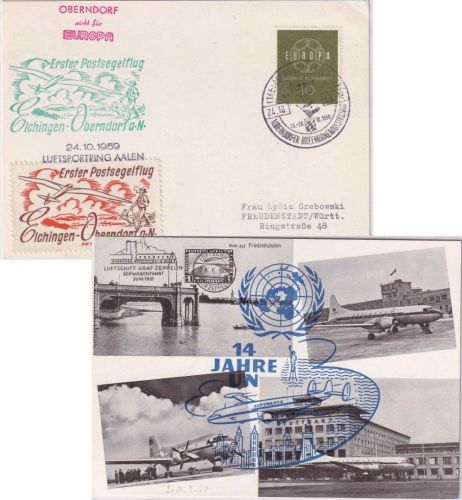 BRD - Elchingen Oberndorf 1. Postsegelflug Schmuckkarte SST Oberndorf 1959