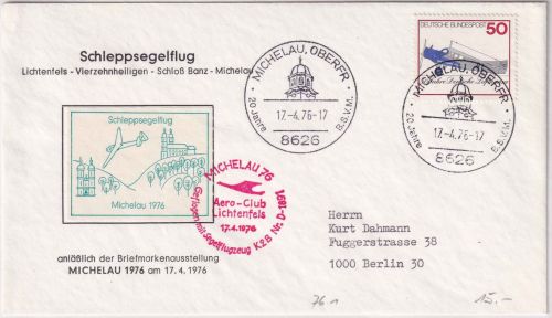 BRD - Michelau 1976 Schleppsegelflug Sonderkuvert m. SST+Vignette n. Berlin
