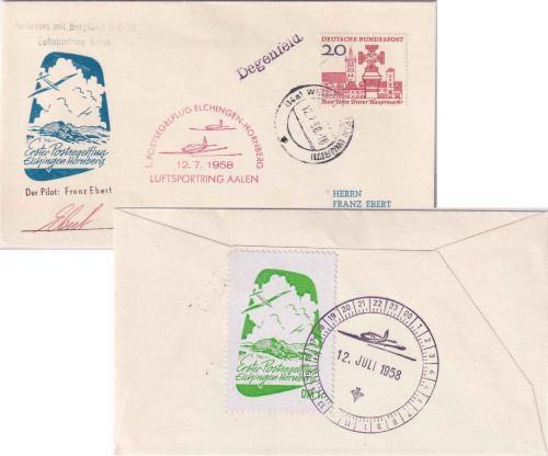 BRD - Elchingen Hornberg 1. Postsegelflug Sonderflugpost Vignette Cachet 1958