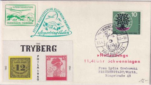 BRD - Postsegelflug Elchingen Triberg Notlandung Schwenningen 1960 Vignette
