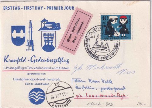 BRD - Kronfeld-Gedenksegelflug Schmuckkarte Zuleitungspost SST Wiesbaden 1961