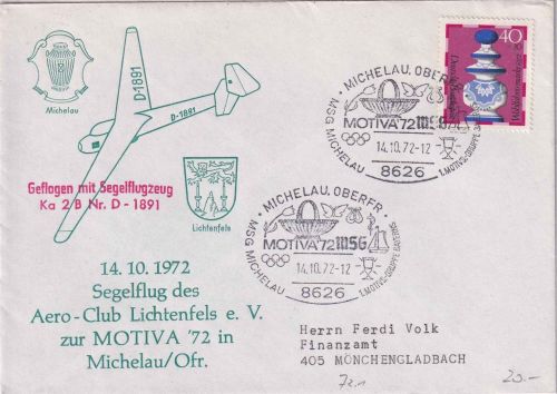 BRD - Michelau 1972 SST Motiva Segelflugpost Schmuckkuvert