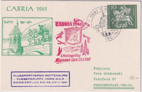 BRD - 1. Post-Segelflug Klippeneck Calw CABRIA 1961 Sonderkarte/SST Calw