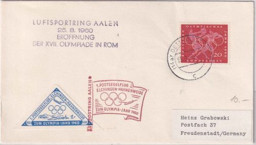 BRD - Elchingen Hahnenweide 1. Postsegelflug Schmuckumschlag Olympia-Jahr 1960