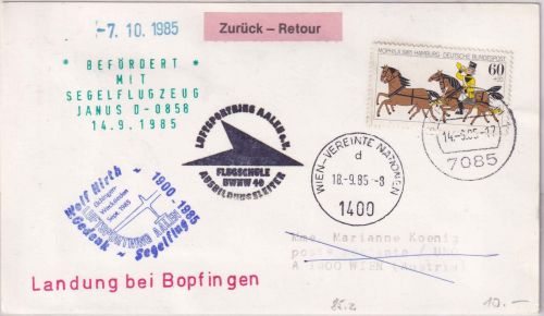 BRD - Segelflugpost Elchingen Weckrieden Ableitung UNO Wien 1985