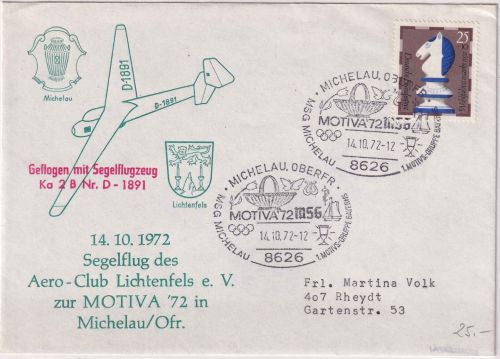 BRD - Michelau 1972 SST Motiva Segelflugpost Schmuckkuvert n. Rheydt